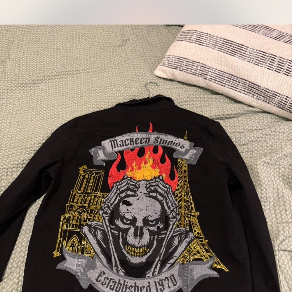 Black Jacket with Skull and Flame Design